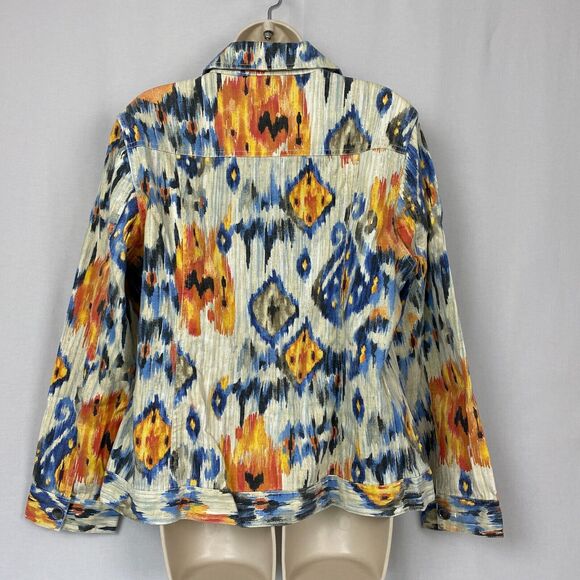 Chicos Jacket 2 Linen Blend Southwestern Aztec Trucker Art to Wear Colorful M L - Picture 6 of 14